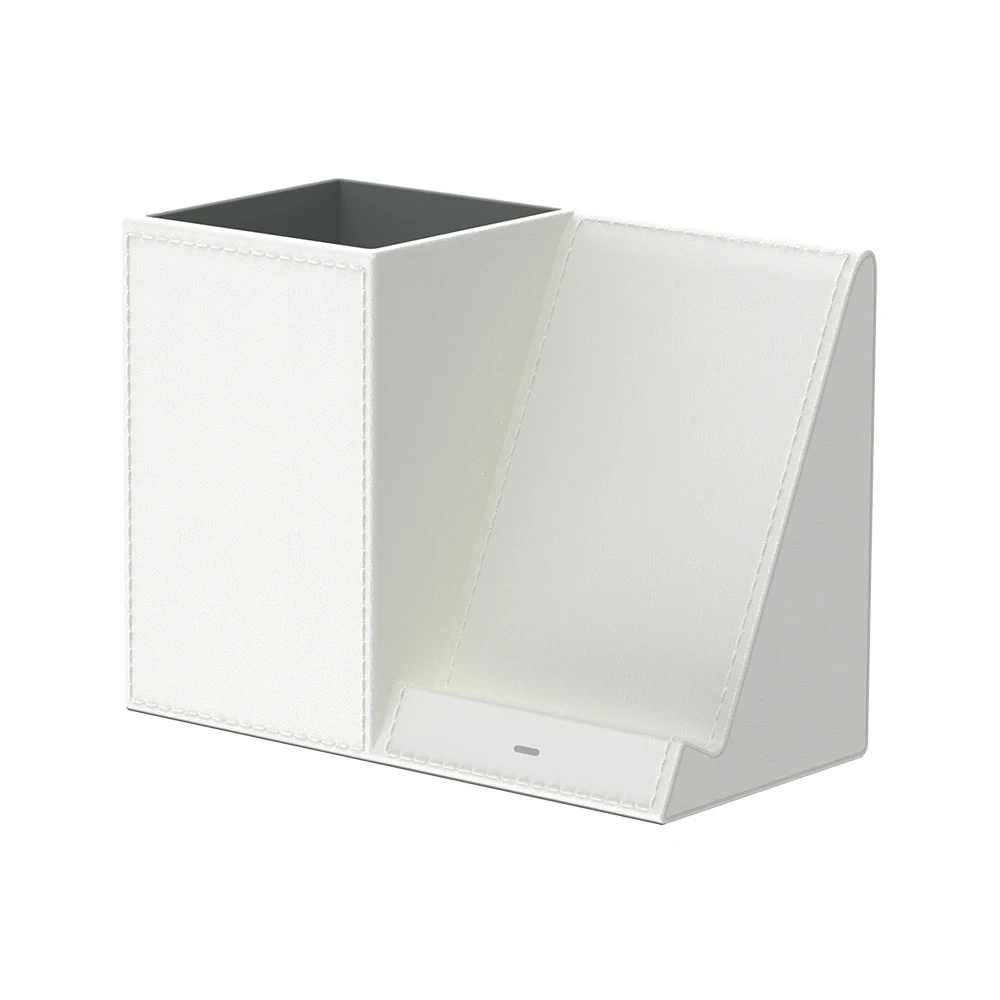 Leren pennenhouder voor op het bureau, draadloze oplaadstandaard voor je telefoon: Zwart