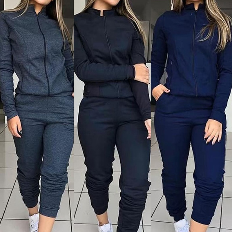 Dam solid träningsoverall sport långärmade tröjor fleece joggingbyxor 2- delar löparset träning gym höst