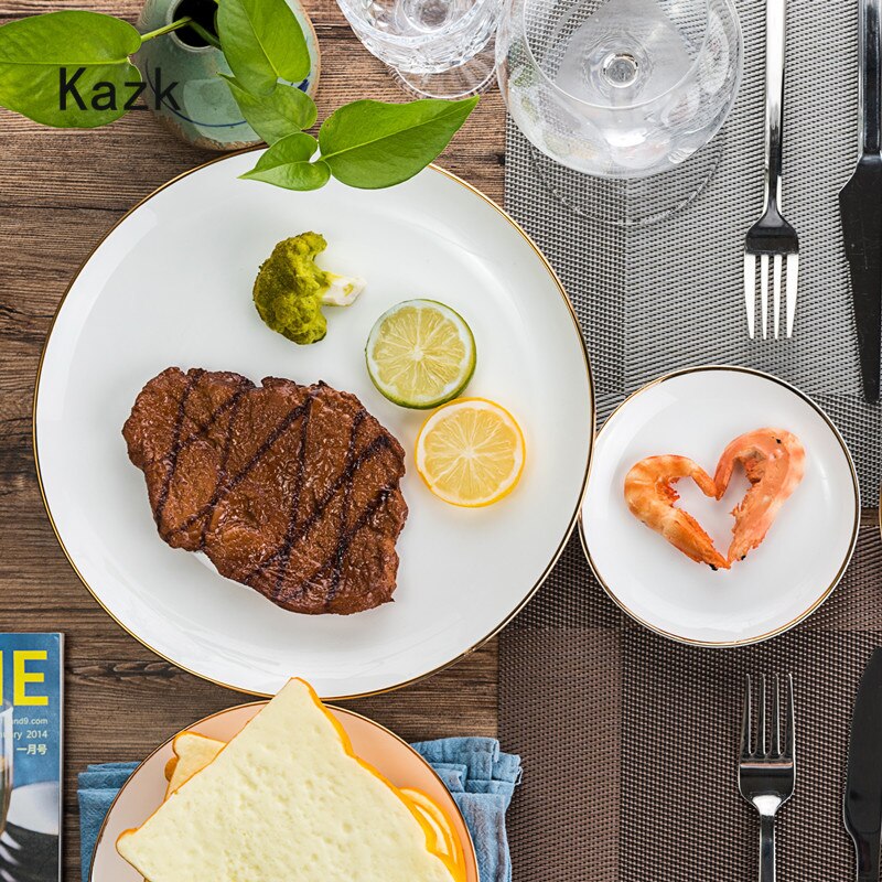 Simplicity Golden Edge Ceramic Plate Household Dining Table Steak Dinner Plate Dessert Salad Dishes Luxurious Tableware Set