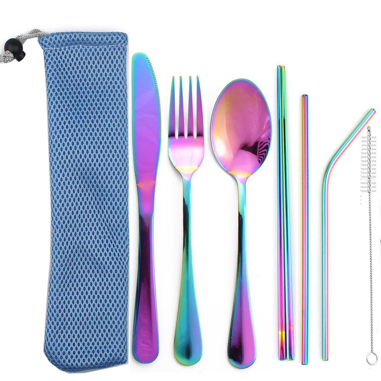 Couverts arc-en-ciel colorés 8 pièces/ensemble | Service de vaisselle Portable, vaisselle réutilisable avec paille en métal, cuillère fourchette, étui à baguettes: Rainbow7