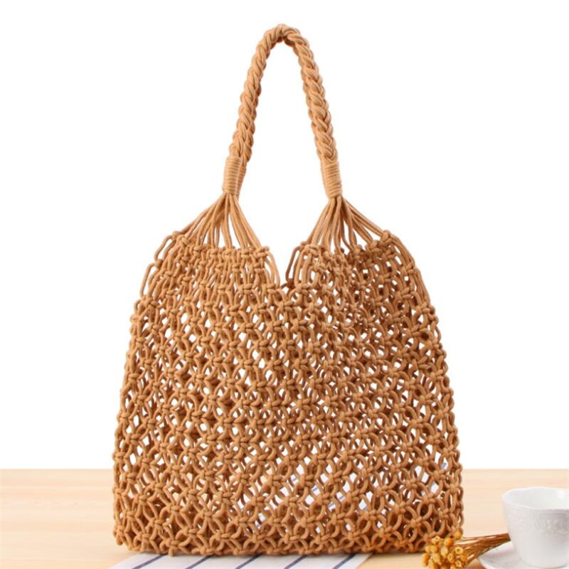 Bolsa de paja hueca Bolsa tejida Bolsos Bosque hembra Malla Cuerda Tejido Hebilla Red reticulada Bolsa de hombro hecha a mano Bolsos de playa: Khaki