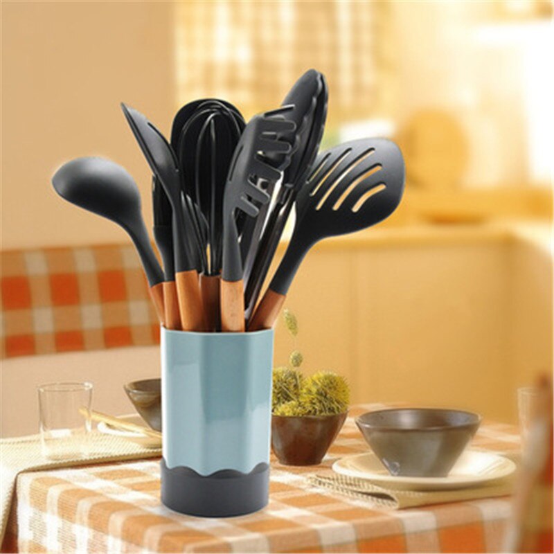 Juego de utensilios de cocina de silicona, cocina antideslizante con mango de madera con cubo de almacenamiento, cuchara, utensilios de cocina creativos
