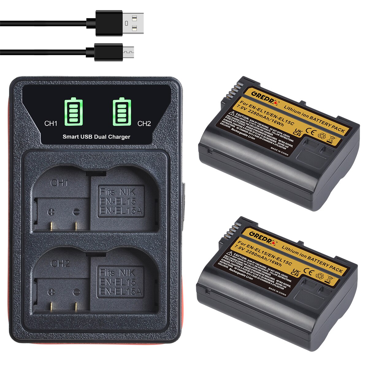 4x EN-EL15 EN-EL15C EN EL15 EL15C Battery + Charger with Type-C Port and Built-in Cable for Nikon Z6, Z7, D500, D600, D610, D750: 2B with Charger
