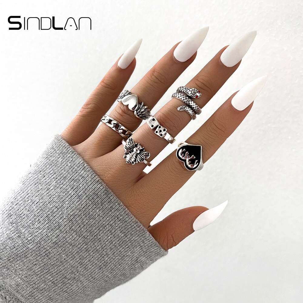 Sindlan 6Pcs Gothic Zilver Kleur Grimas Vinger Ring Set Voor Vrouwen Charm Punk Hart Wing Butterfly Cupido Vrouwelijke Sieraden anillos: J0406