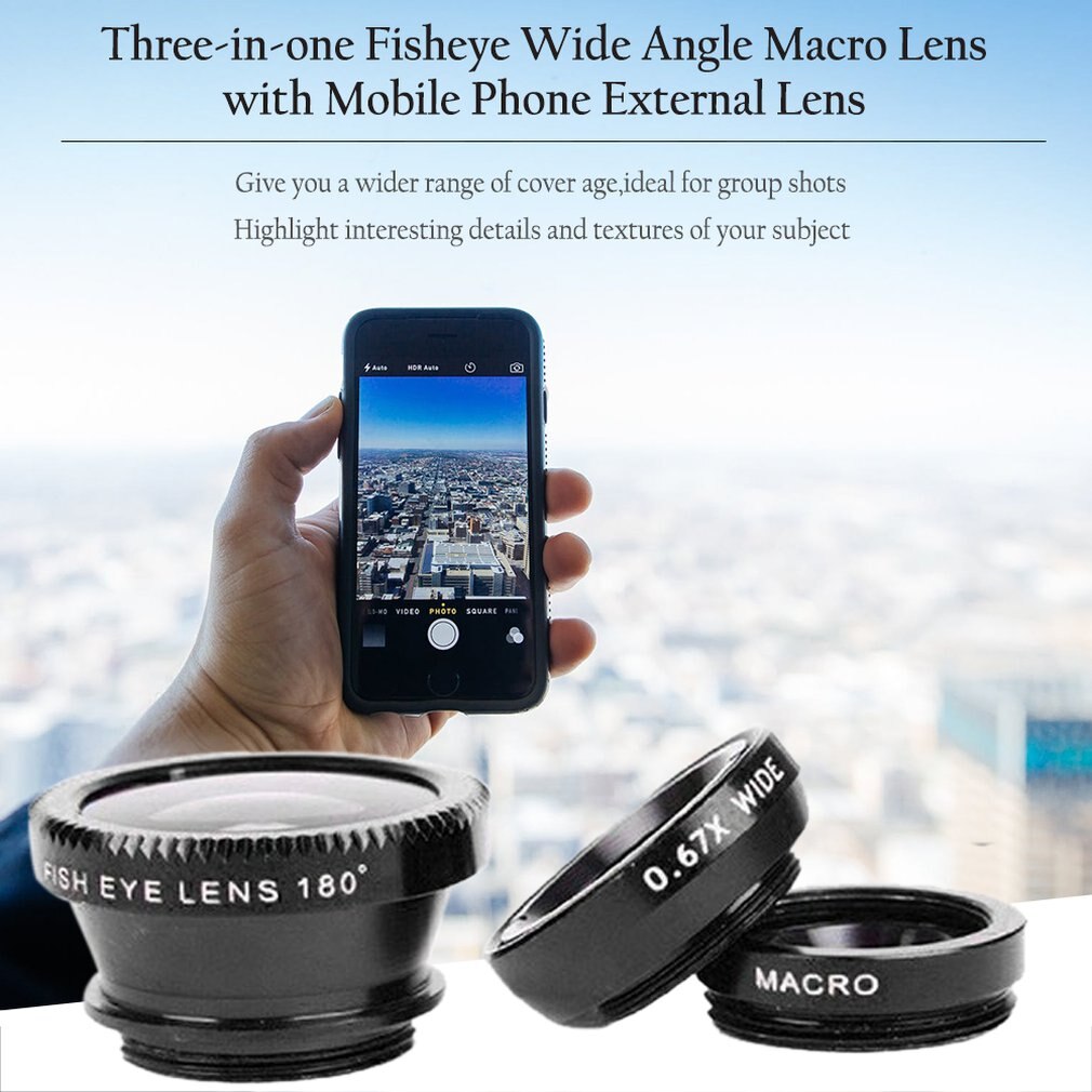 3-in-1 Wide Angle Macro Fisheye Lens Camera Kits Mobile Phone Fish Eye Lenses with Clip 0.65x for iPhone Samsung All Cell Phones