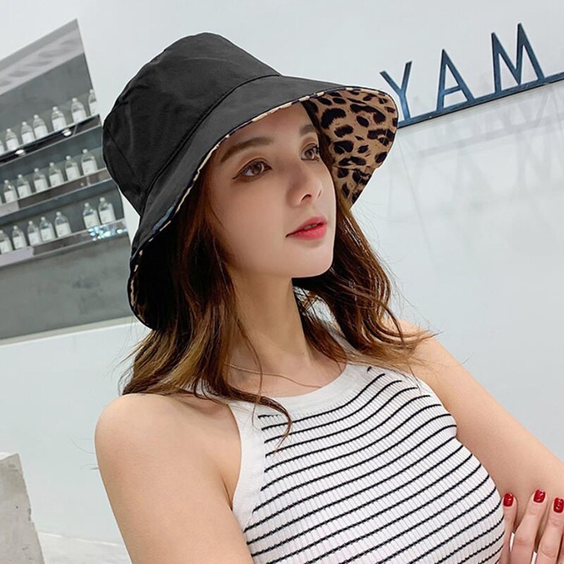 Korea kvinnors leopardmönstrade 2 ytliga bucket hattar män strand platt topp fiskehatt anti uv panama hatt панама мужская: Svart