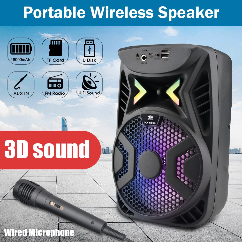 Portable Outdoor Bluetooth Speaker Wireless Stereo Bass Speakers FM Radio TF Card Music Player with Microphone LED Light