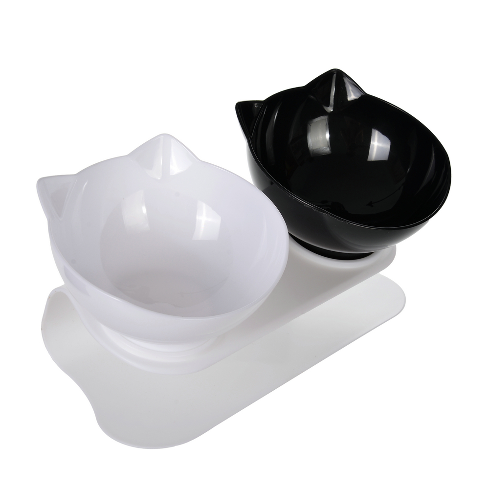 Double Cat Feeding Bowl PC Plastic Cat Shape 2 Cat feeder Container 15 Degree Tilted Pet Inclination Stand Cats Feeding Bowl