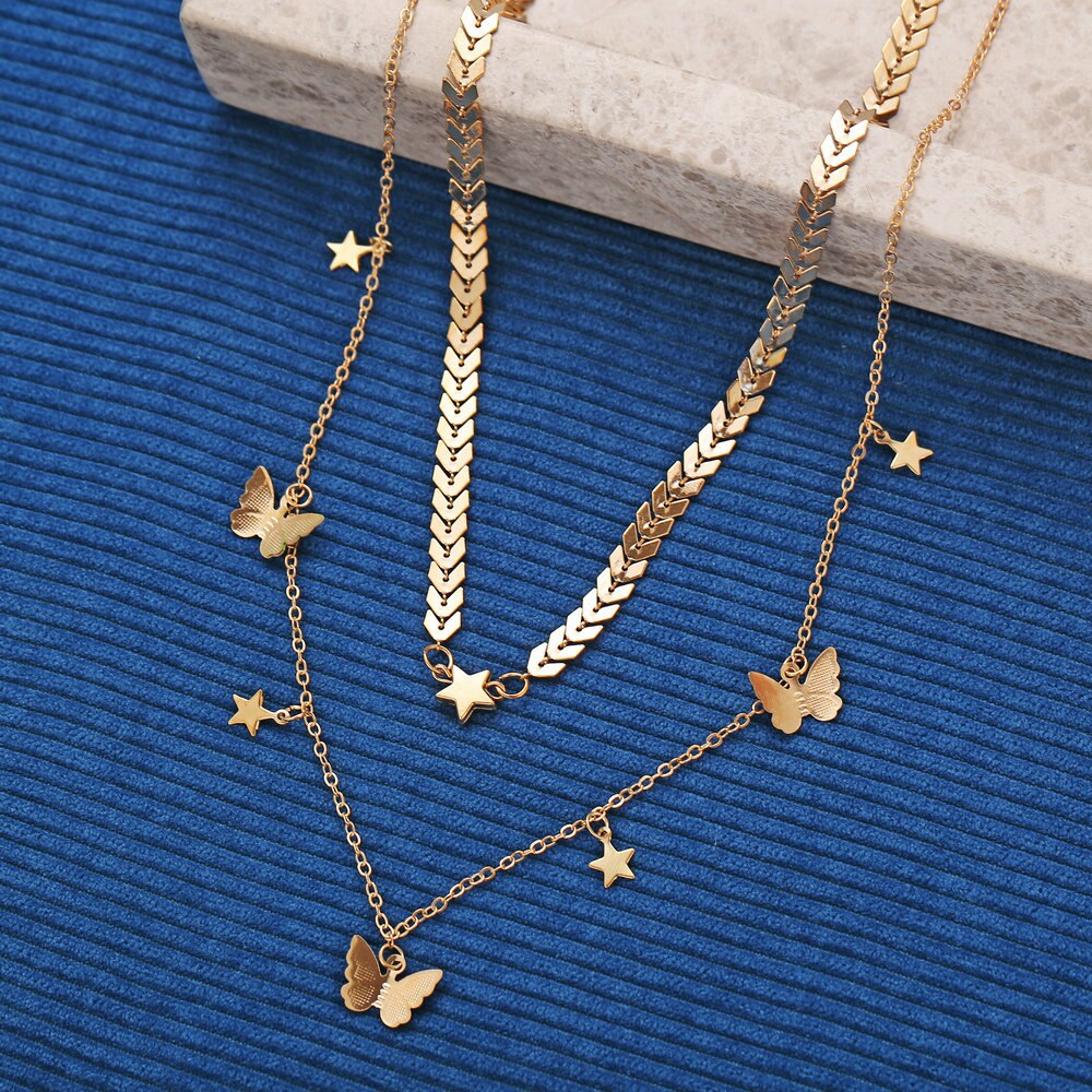 Mujer estrella colgante de mariposa viento fresco amor romántico flecha collar de cadena de Color oro gargantilla collar mujer Bijoux