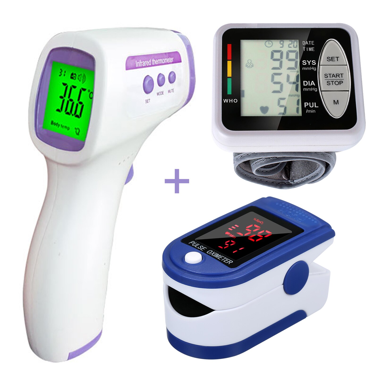 Pulsoxymeter SpO2 Zuurstof Vinger Oxymetrie + Infrarood Thermometer Digitale + Pols Tonometer Automatische Bloeddrukmeter: Default Title