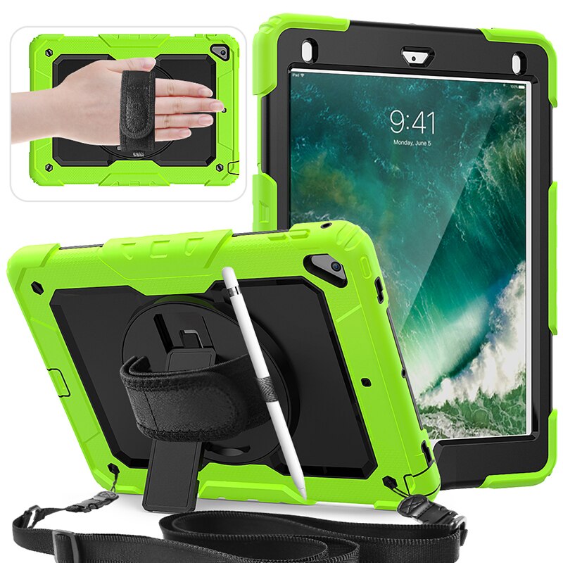 Universal Though Rugged Case for ipad air 2 6th 5th gen pro 9.7 inch Hand Strap cases with Kickstand Stand and Shoulder Strap: LIME