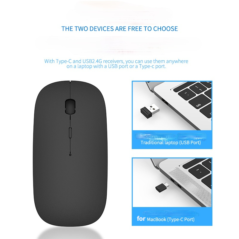 Charging Type-c Wireless Mouse +USB Dual Receiver Mute Ergonomic 1000/1200/1600 Three-speed DPI