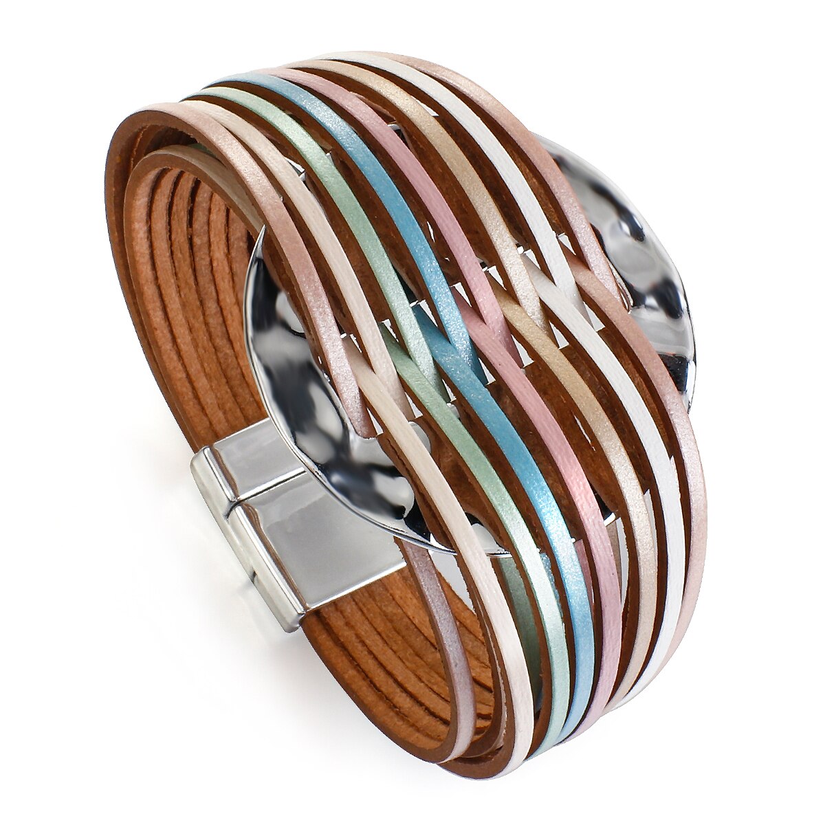 Amorcome Macaron Color Mulitlayer Slim Wrap Leather Bracelets for Women Round Charm Bracelet Female Jewelry: Macaron Color