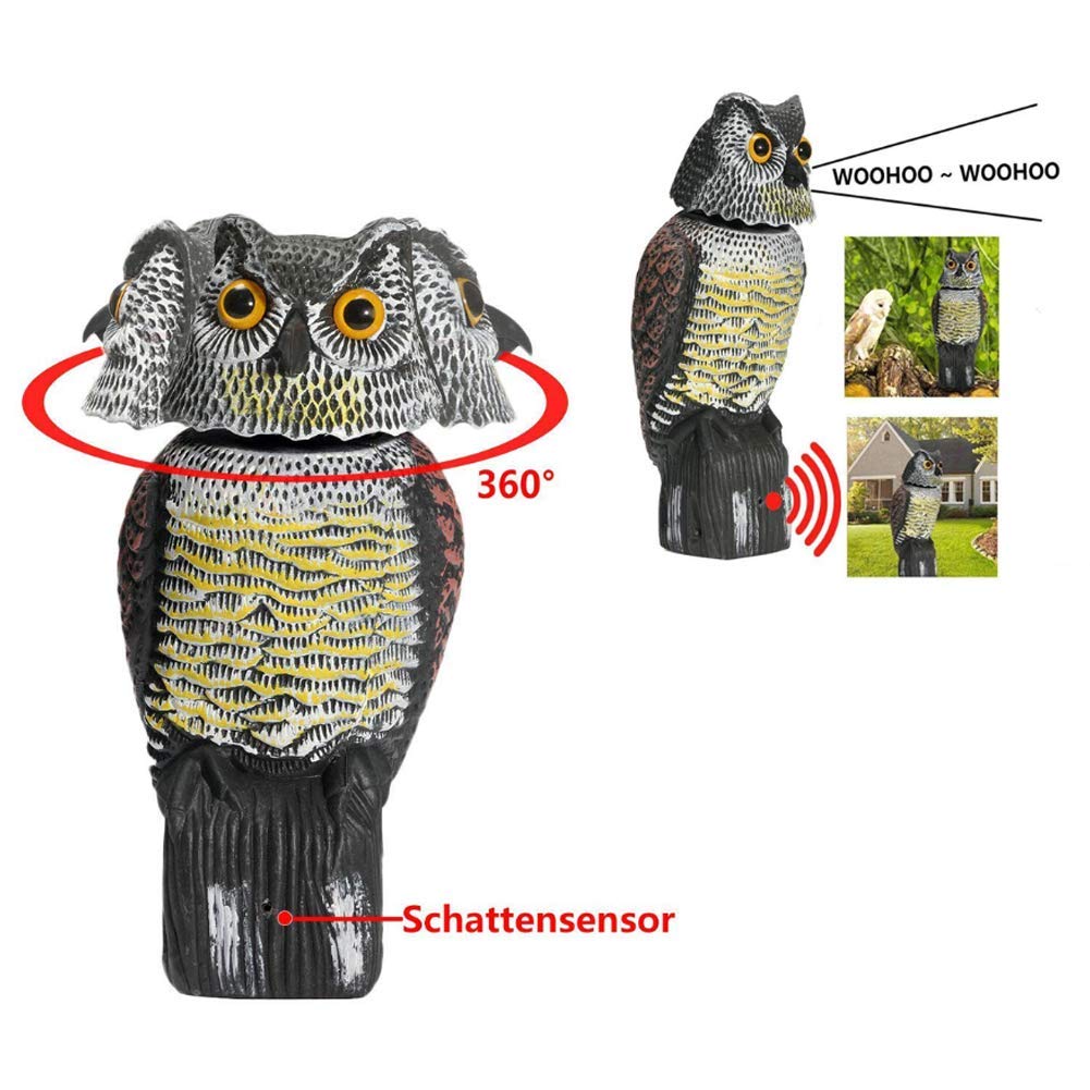 BY Realistic Bird Scarer Rotating Head Sound Owl Prowler Decoy Protection Repellent Pest Control Scarecrow Garden