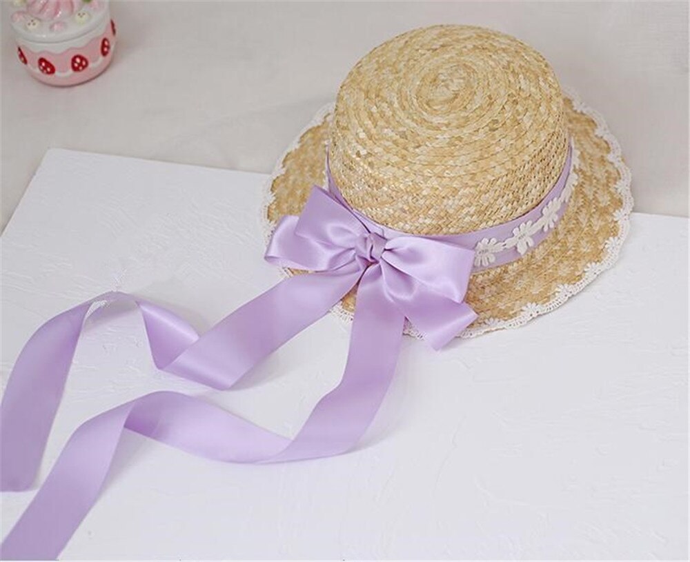 Mori Girl Cute Big Bow Lace Ribbon Lolita Straw Hat Sweet Princess Lolita Flat Cap Beach Cap B1527: 6