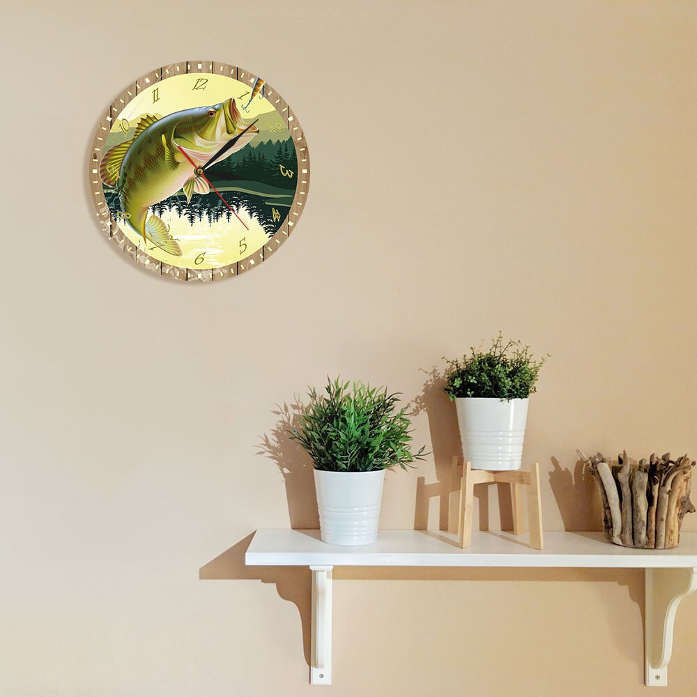 It's Fish O'Clock Fisherman Man Cave Bass Lure Full Color Print Fishing Wall Clock Modern Kitchen Watch Angling Fisherman