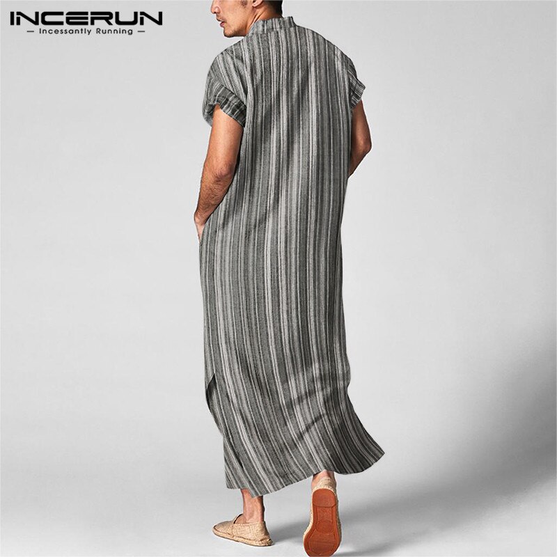 INCERUN Men Jubba Thobe Muslim Clothes Short Sleeve Striped Cotton Stand Collar Casual Robes Islamic Arabic Kaftan Abaya S-5XL