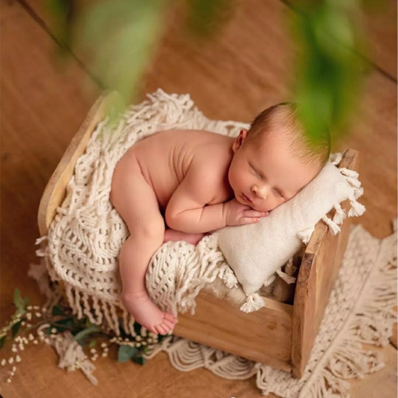 Nyfødte tæppe fotografering rekvisitter, håndvævet makrame pude tæppe med kvast, baby fotografering rekvisitter