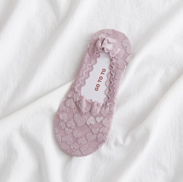 Liefde Onzichtbare Non-Show Boot Sokken Modieuze Slanke Enkelsokken Dames Katoen Onderkant Kant Jacquard Sokken Meisjes Casual Breatha: Light purple