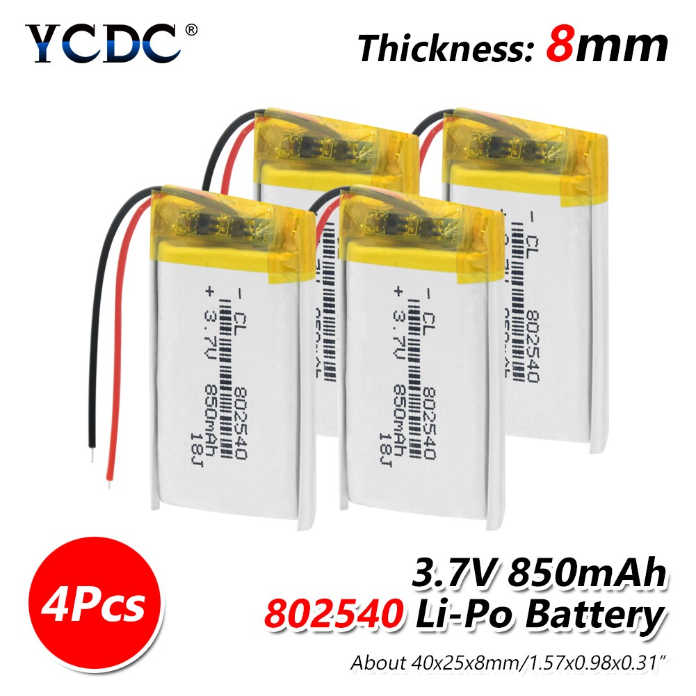 1/2/4 sztuk 802540 850mAh bateria litowa 3.7V akumulator 40x25x8mm litowo-polimerowy baterii li-po z Pcb zabezpieczenie przed ładowaniem: 4 sztuk