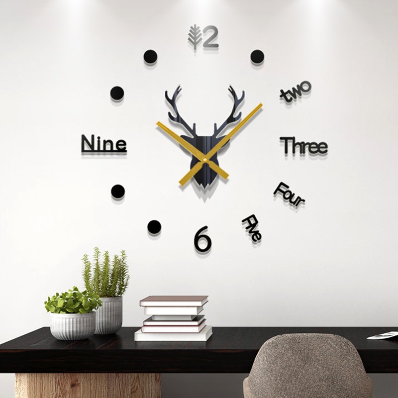 3D Wall Clock Mirror Wall Stickers Deer Head DIY Large Wall Clock Quartz Watch Art Decal Sticker Living Room Home Decor