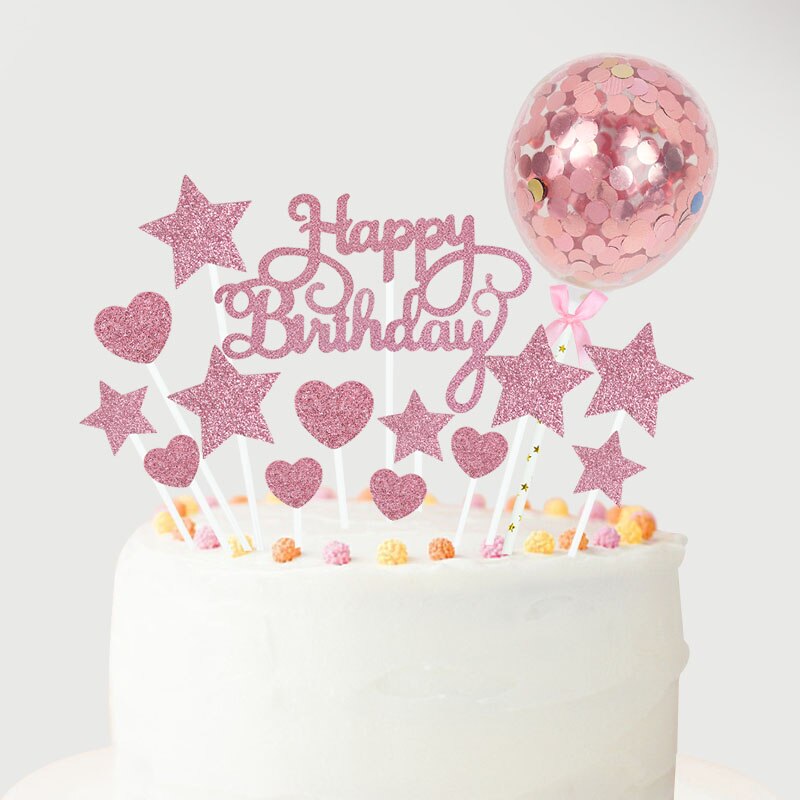 1 sæt tillykke med fødselsdagen kage topper rosa guld sølv stjerne ballon kage topper til voksne børn fødselsdagsfest dessert diy dekorationer: A04