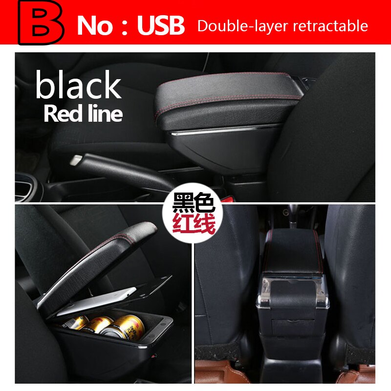 Para peugeot 207 caja de apoyabrazos carga USB aumentar doble capa almacenamiento central contenido taza soporte Cenicero Accesorios: B  black. Red line