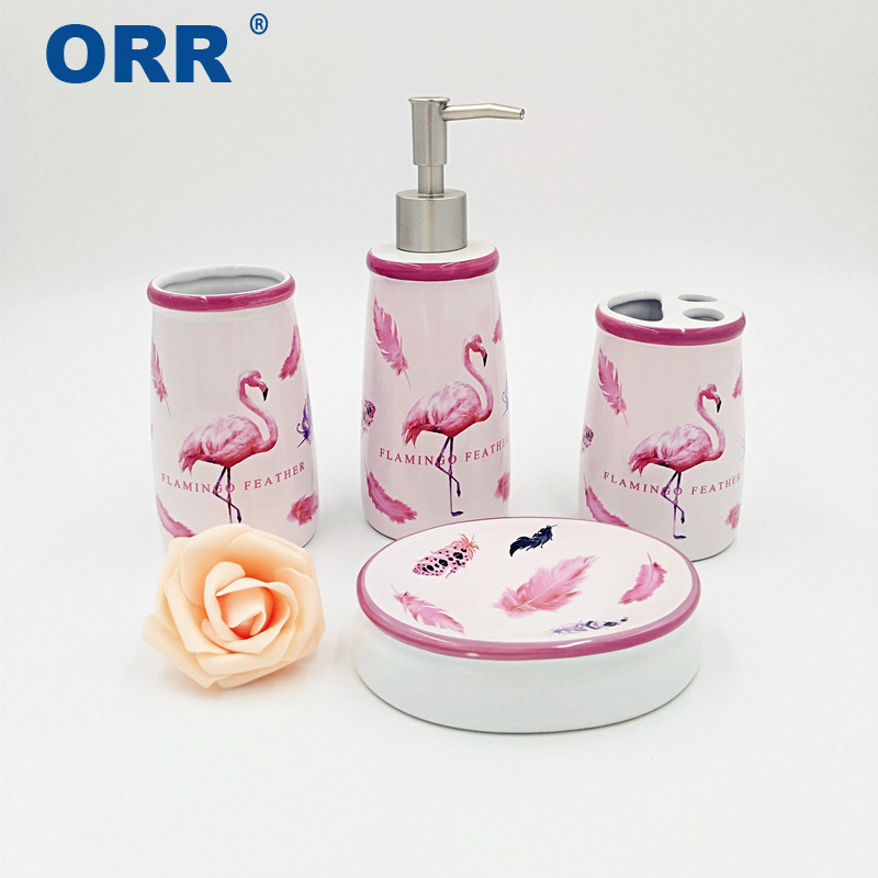 Ceramic Bathroom set Flamingo accessories 4pcs toilet brush toothbrush cup soap dish dispenser ORR