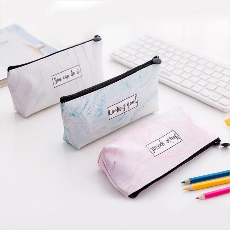 Kleur marmering pu leren etui schoolbenodigdheden student stationair pen etui vrouw cosmetica handtas make-up tas