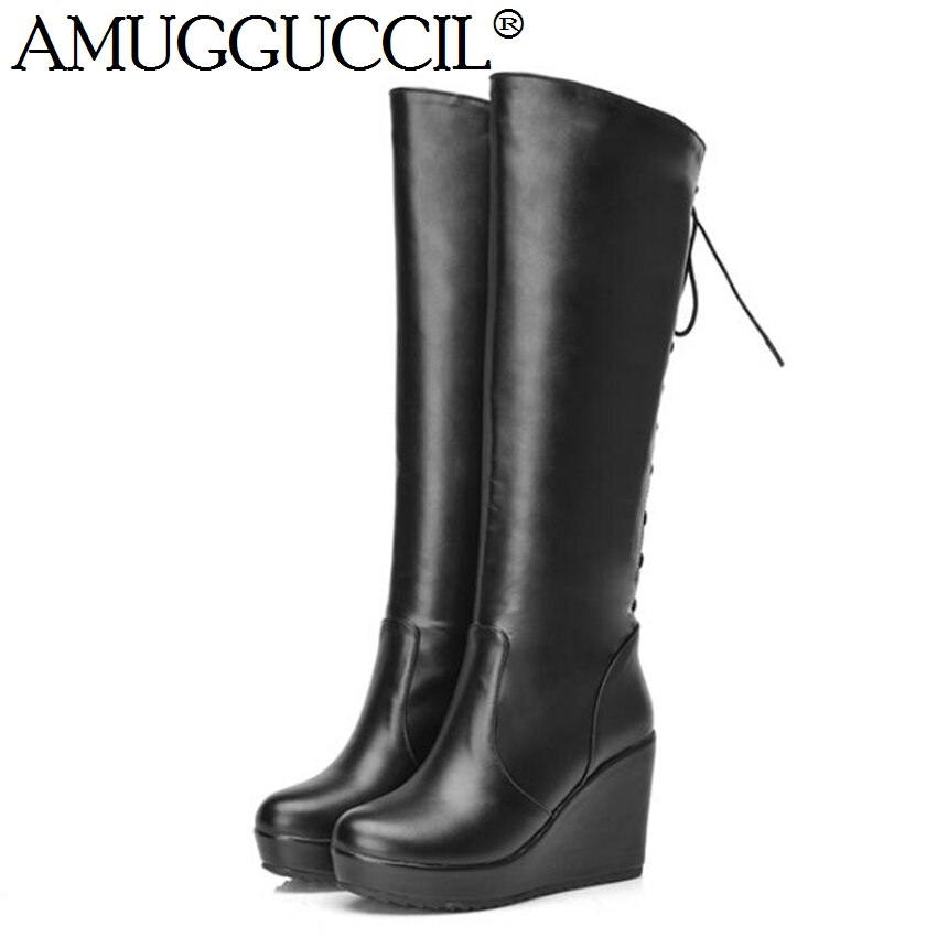 ! Black White Red Leather Lace Up High Heel Platform Knee High Winter Autumn Girl Lady Females Womens Wedge Boots X834