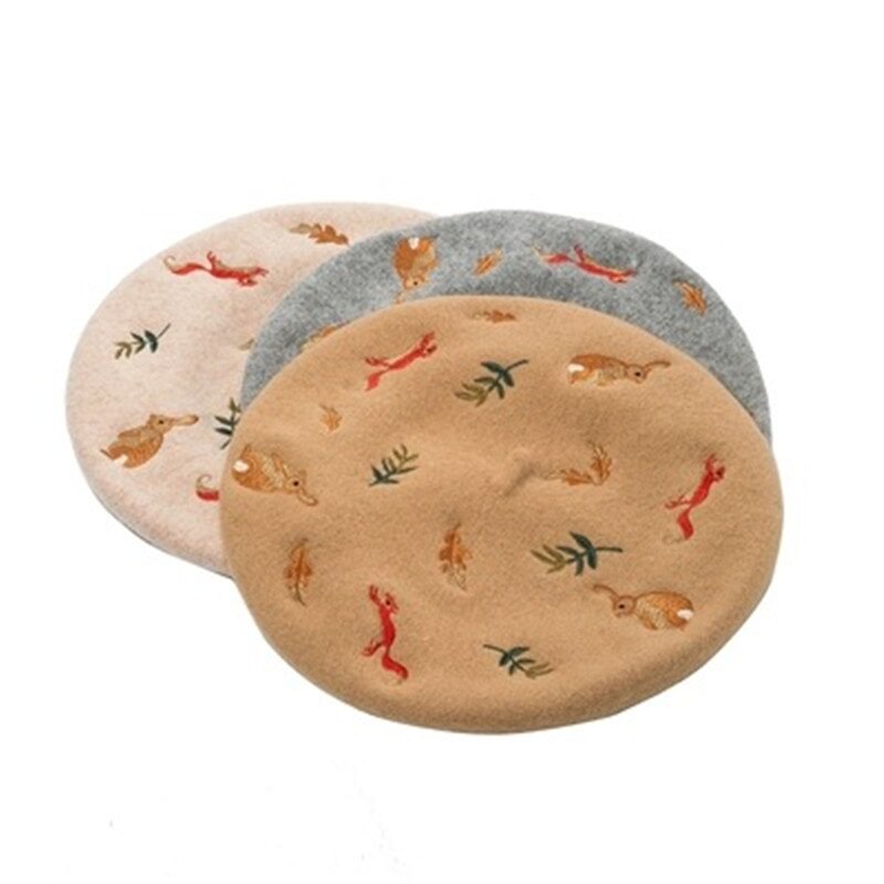 Boina bordada con hojas de ardilla y conejo Mori para mujer, gorro de lana de Cachemira, cálido, a la , para artista francés, Invierno