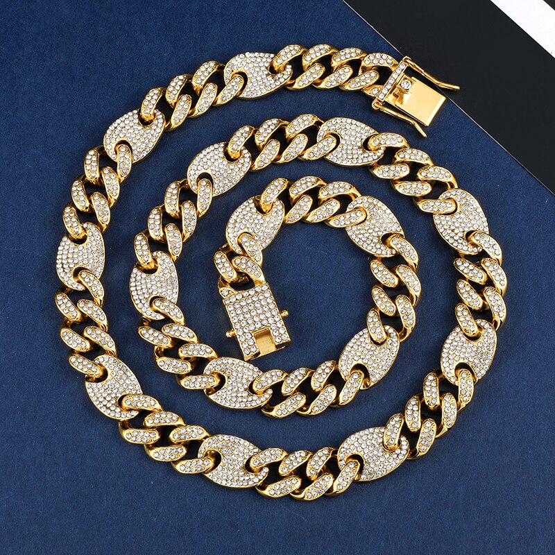 Hip Hop Bling Aaa + Iced Out Lichtmetalen Rhinestones Koffieboon Miami Cubaanse Ketting Voor Mannen Sieraden