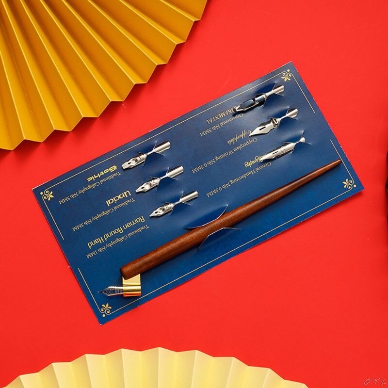 Wood Manga Calligraphy Dip Pen Holder +6 Nibs for Lettering Skiching Drawing Kit English Oblique Calligraphy Dip Pen