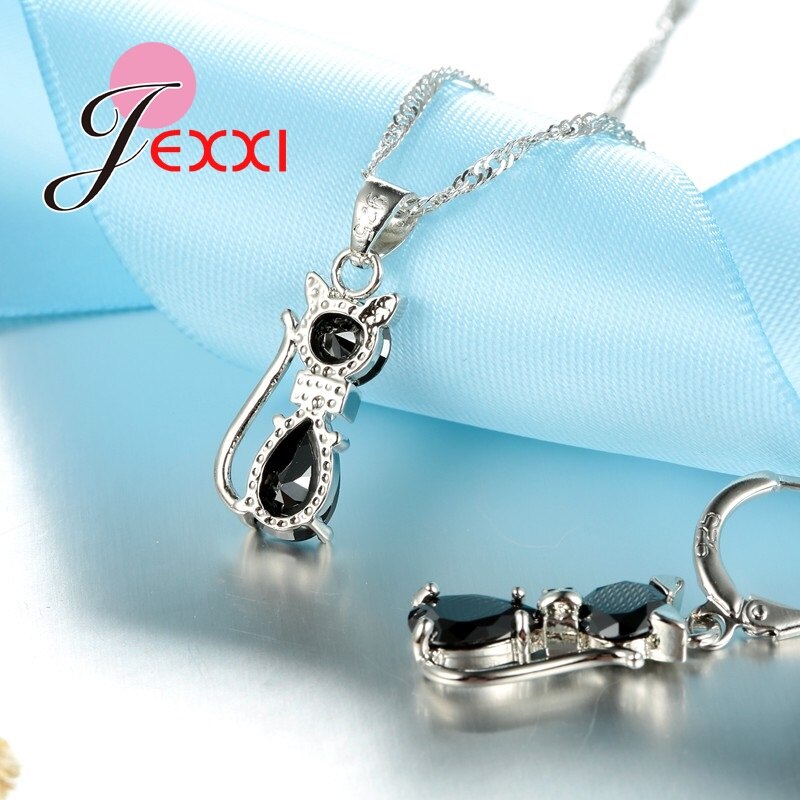 Juego de juegos de joyas para mujer, cristal austriaco de Plata de Ley 925, de gato lindo, colgante de cristal de gota de agua, collar