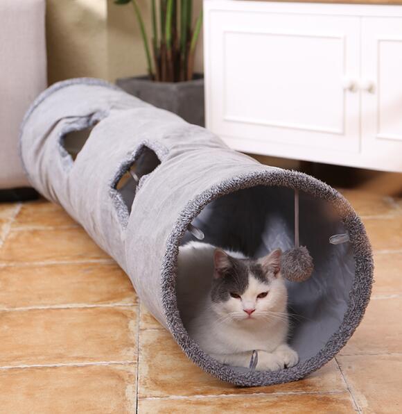 Gray Cat Toy Foldable Crossing Tunnel long Nest Cat Bed Environmentally Educational Pet Toy Round Suede Breathable Cat Bed: As photo