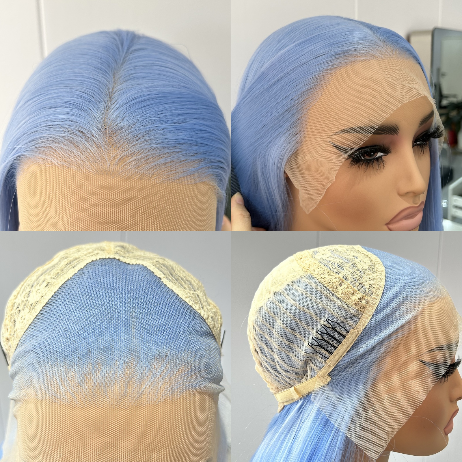 Pelucas de pelo sintético largo y sedoso para mujer, color azul claro, parte libre, color azul cielo, fibra resistente al calor, de Cosplay diaria
