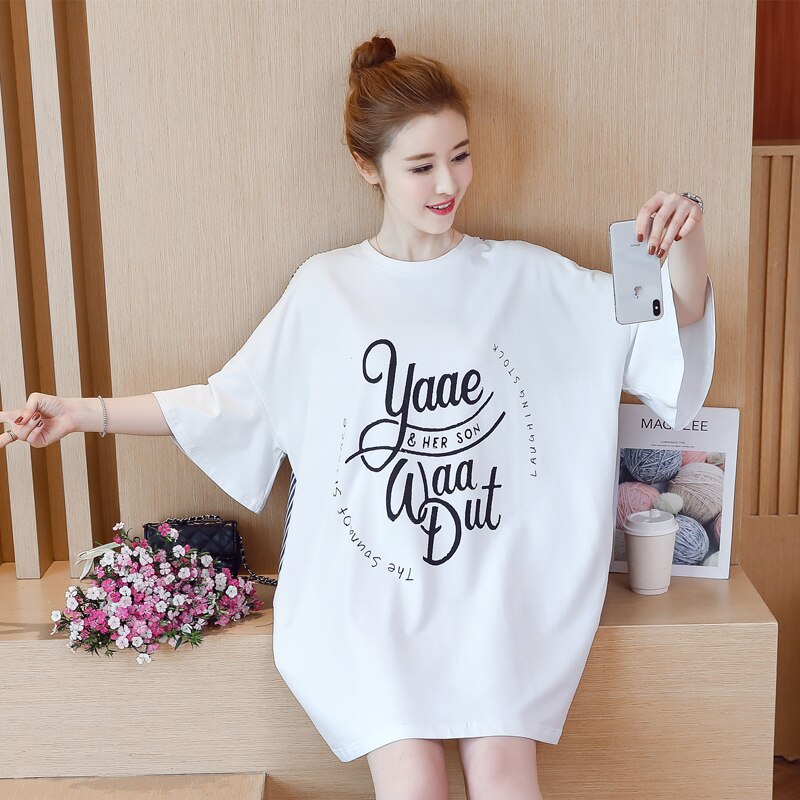 Zomerse oversized streep patchwork zwangerschapsjurk van katoen, plus size letters print, zwangere vrouwen shirts, losse blouses