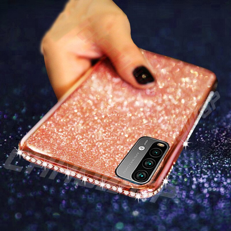 Para redmi 9 t caso brilhante diamante claro macio silicone casos de telefone para xiaomi redmi 9 t 9 t bling glitter strass tpu capa traseira: Rose gold