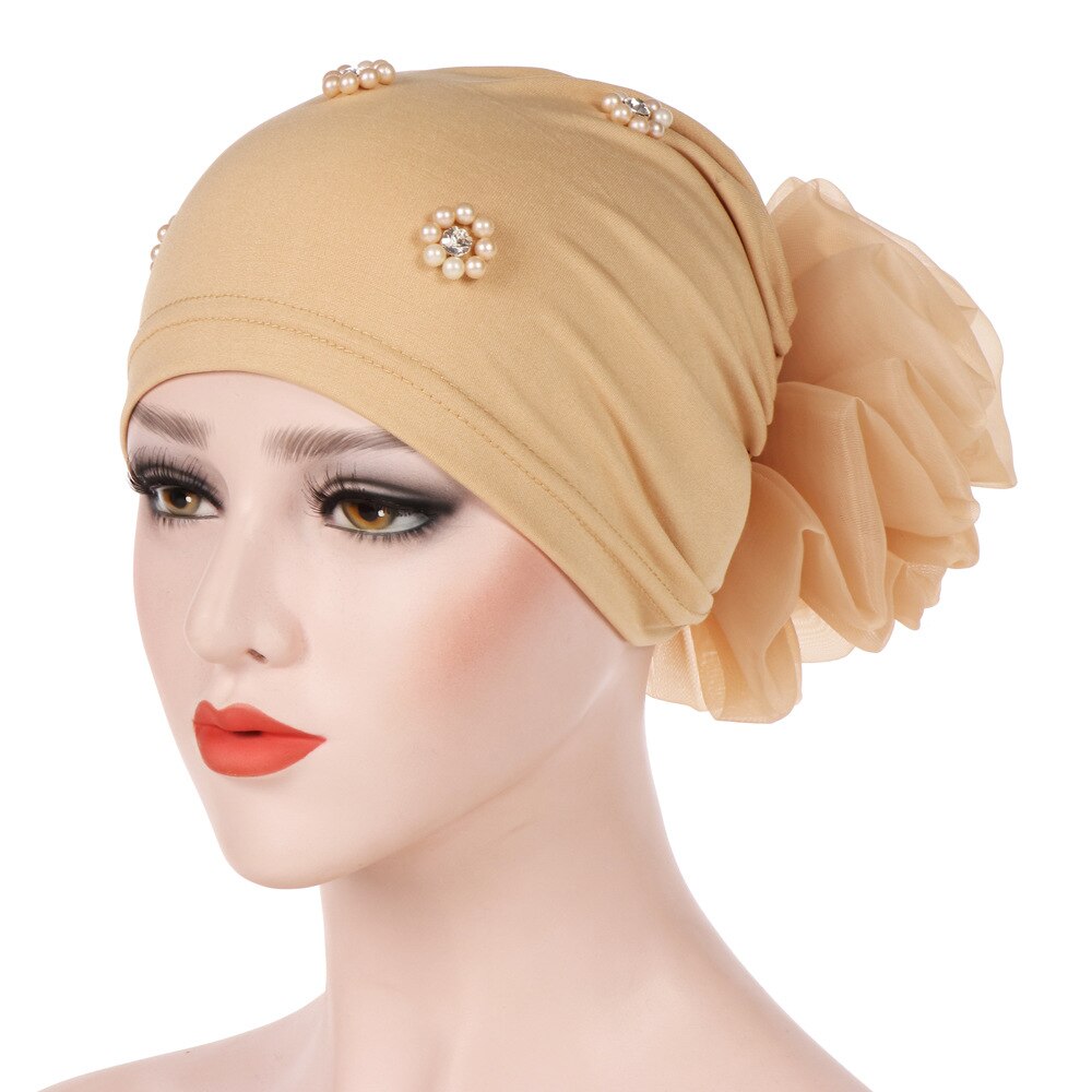 Braid Faux Pearl Muslim Women Turban Hat Solid Color Cap Hijab Headwrap