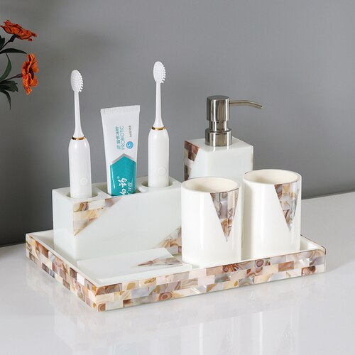 Coquille Résine Salle De Bains Ensemble Rince-bouche Tasse Lotion Bouteille Brosse À Dents Porte-Savon Porte-Boîte à Mouchoirs Aromathérapie Bouteille Boîte De Coton-Tige