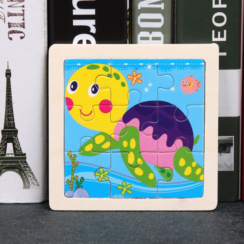 3D Puzzle Wooden Toys jigsaw puzzle Cartoon Animal Traffic Puzzles for Kids Educational Cognitive Toy 9 Pieces 11x11cm: Turtle