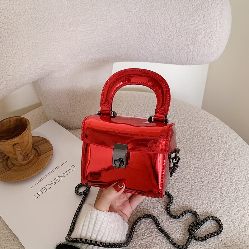 Spiegel vierkante tas hoge lakleren dames handtas slot ketting schoudertas messenger bag: Rood