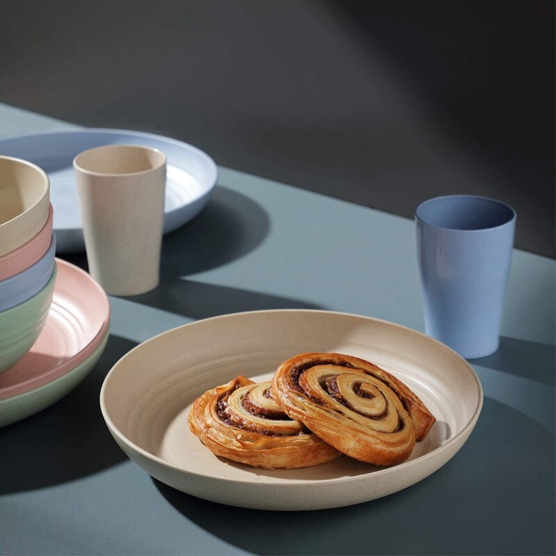 Wheat Straw Plates Bowls and Cups Dinner Set,Microwave Dishwasher Safe,for Home Caravan Picnic Camping,12 Piece