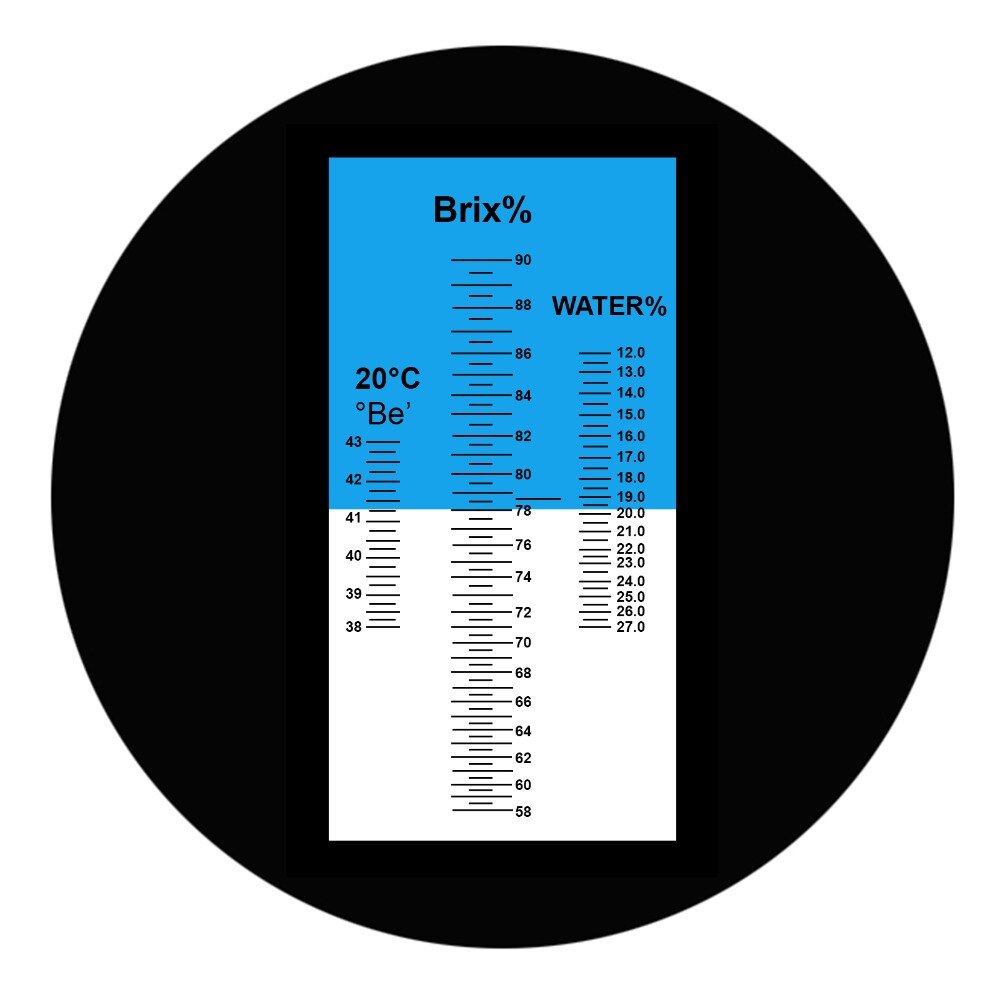3- i -1 honning refraktometer brix / fuktighet / baume tester måler atc, tri-skala 58-90%/12-27%/38-43være ', sukker vanninnhold