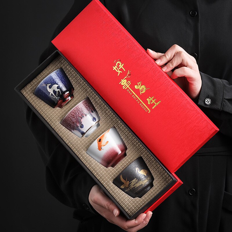 Taza de cerámica horneada hecha a mano de estilo japonés, conjunto de taza maestra Personal, taza de gran tamaño, caja de , tazas de té, 4 Uds.: Set gift box