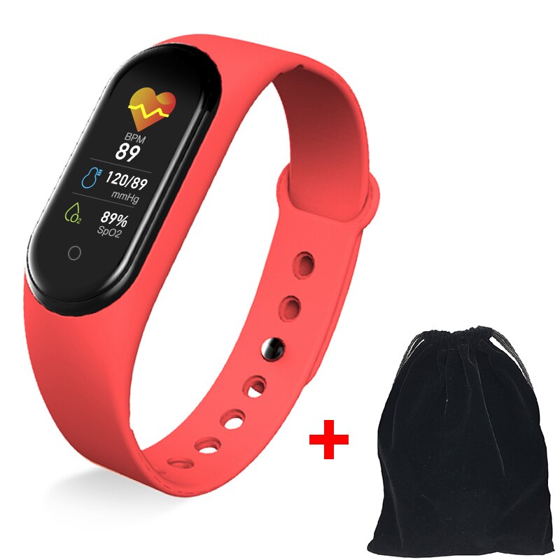 M5 Smart Watch Fitness Trcker Sport Smart Bracelet Pedometer Heart Rate Blood Pressure Bluetooth Wirstband Waterproof Smart Band: Red  bag