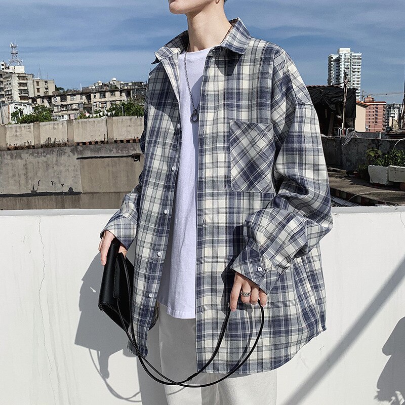 Mens Shirts Plaid Cotton Long Sleeves Shirts Spring Autumn Men Loose Harajuku Youthful Shirts For Male Clothing: Gray / M