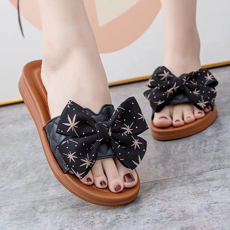 Dames 2024 Zomer Britse Stijl Zachte Onderkant Vlinder Dauw Teen Anti Slip Cool Slippers Voor Vrouwen Één Lijn Slepen Schoenen: Black / 36