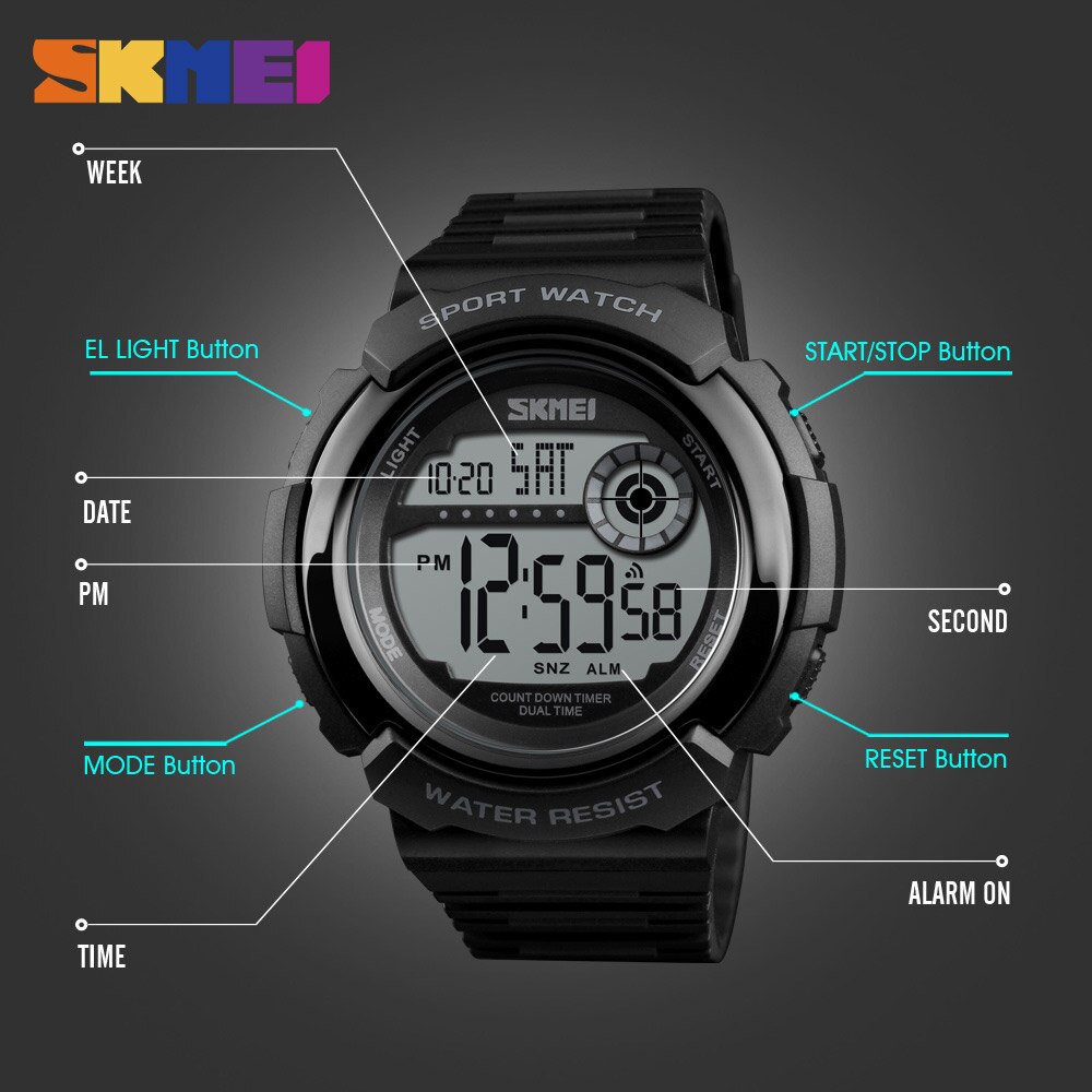 SKMEI Casual Sport Watch Men 5Bar Waterproof Chronograph Watches Alarm Clock Digital Watch Relogio Masculino 1367