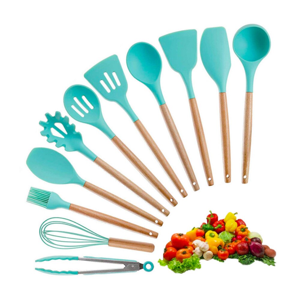 Set van 9 siliconen keukengereedschappen, spatel, spatel, kwast, eierklopper, kookgerei, keukengereedschapset